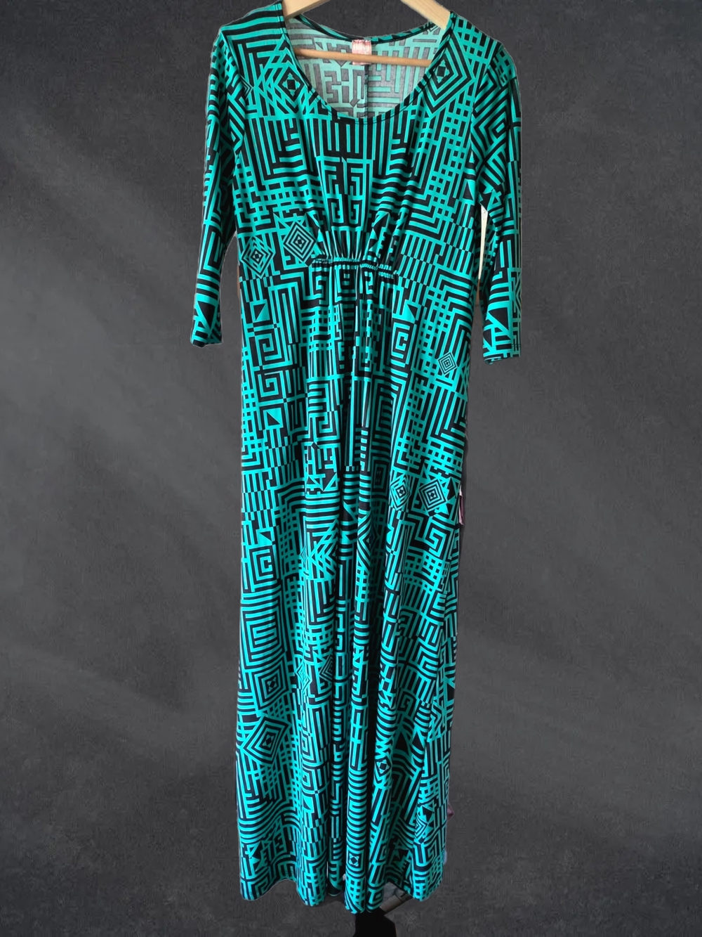 "Flirty Pink" Geometric Maxi Dress | Turquoise & Black | Size: Sm | EUC